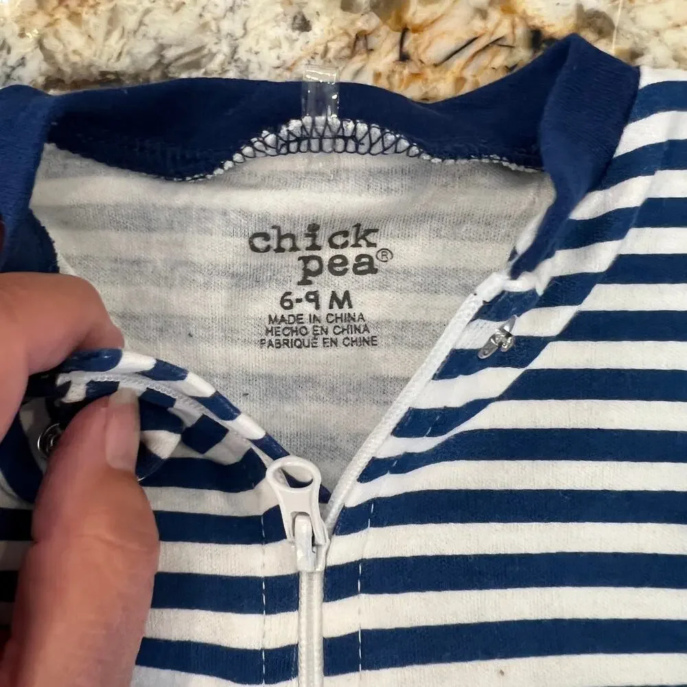 NWT Chick Pea Baby Boys Blue & White Footed Coverall and Hat, 2 Piece Set -6-9 M